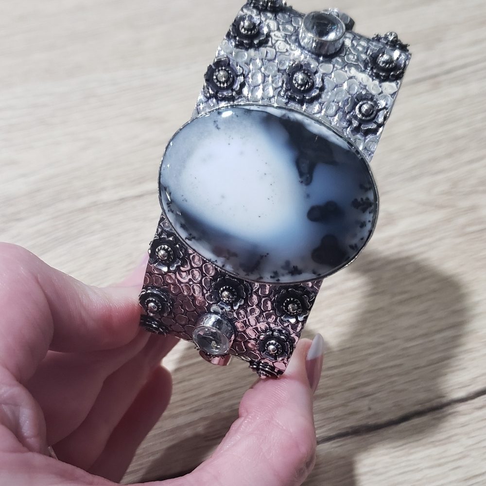 Opal bracelet, dendritic opal, 925 silver, cuff opal bracelet - Picture 5 of 13